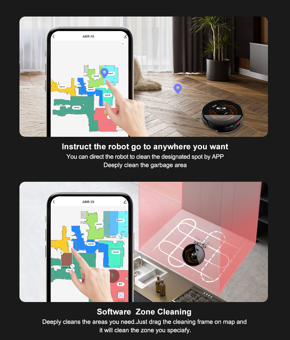 ABIR X9 Robot Vacuum Cleaner Laser Lidar UV Clean software zone cleaning