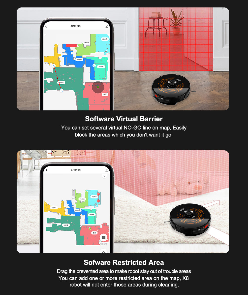 ABIR X9 Robot Vacuum Cleaner Laser Lidar UV Clean software virtual barrier