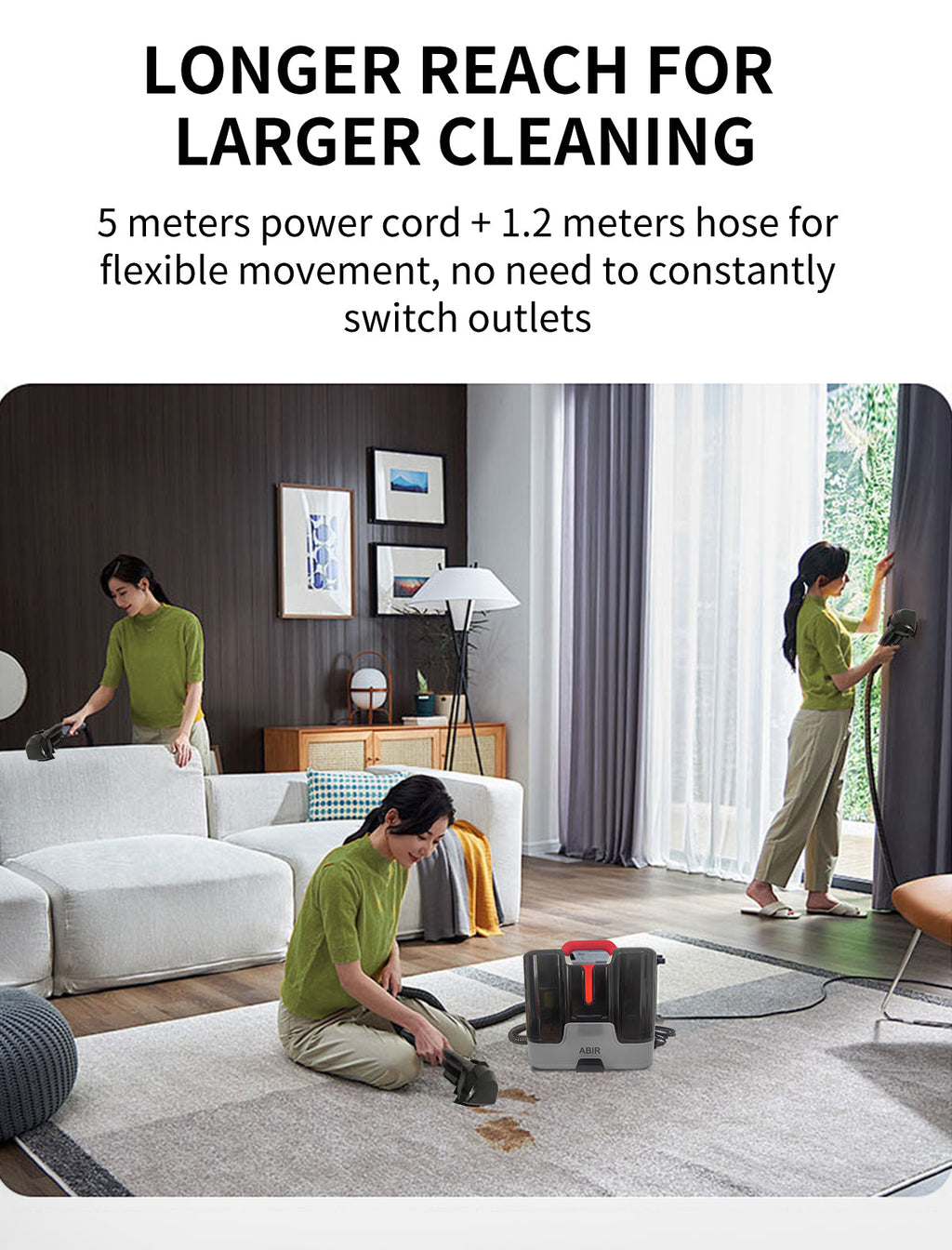 ABIR G80 Handheld Carpet Cleaner 15000Pa Wet Dry Vacuum longer reach for larger cleaning