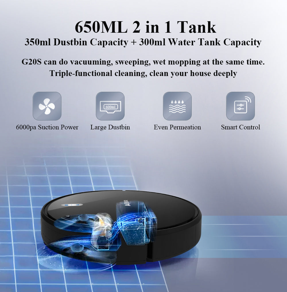 ABIR G20S Robot Vacuum Cleaner Map Memory Wet Mop 650ml 2 in 1 tank