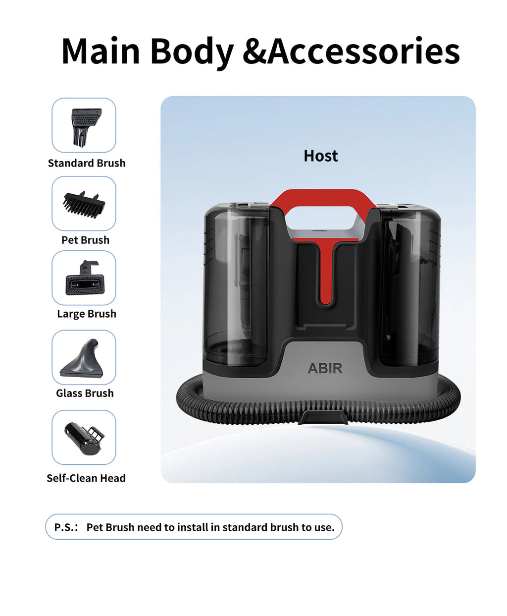 ABIR G80 Handheld Carpet Cleaner 15000Pa Wet Dry Vacuum main body accessories