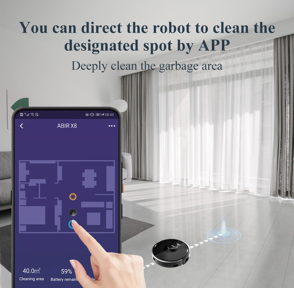ABIR X8 Robot Vacuum Cleaner Laser Navigation Multi Floor Mapping direct the robot to clean the designated spot by app