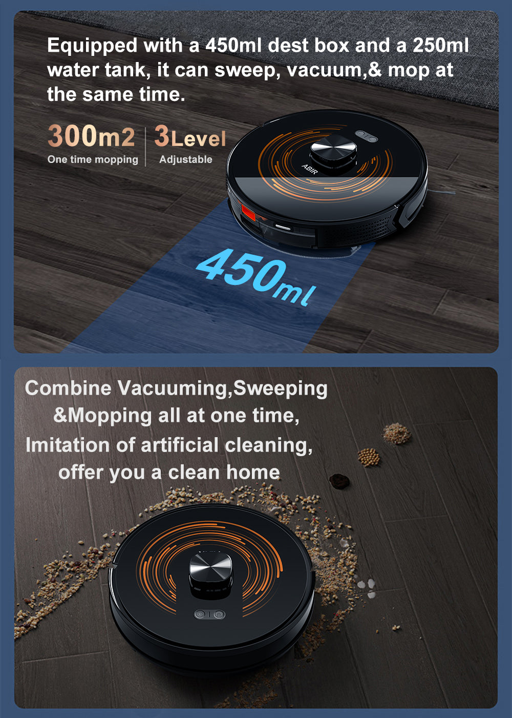 ABIR K30 Robot Vacuum Cleaner Auto Empty UV Clean Auto Empty UV Clean equip with dust box and water tank