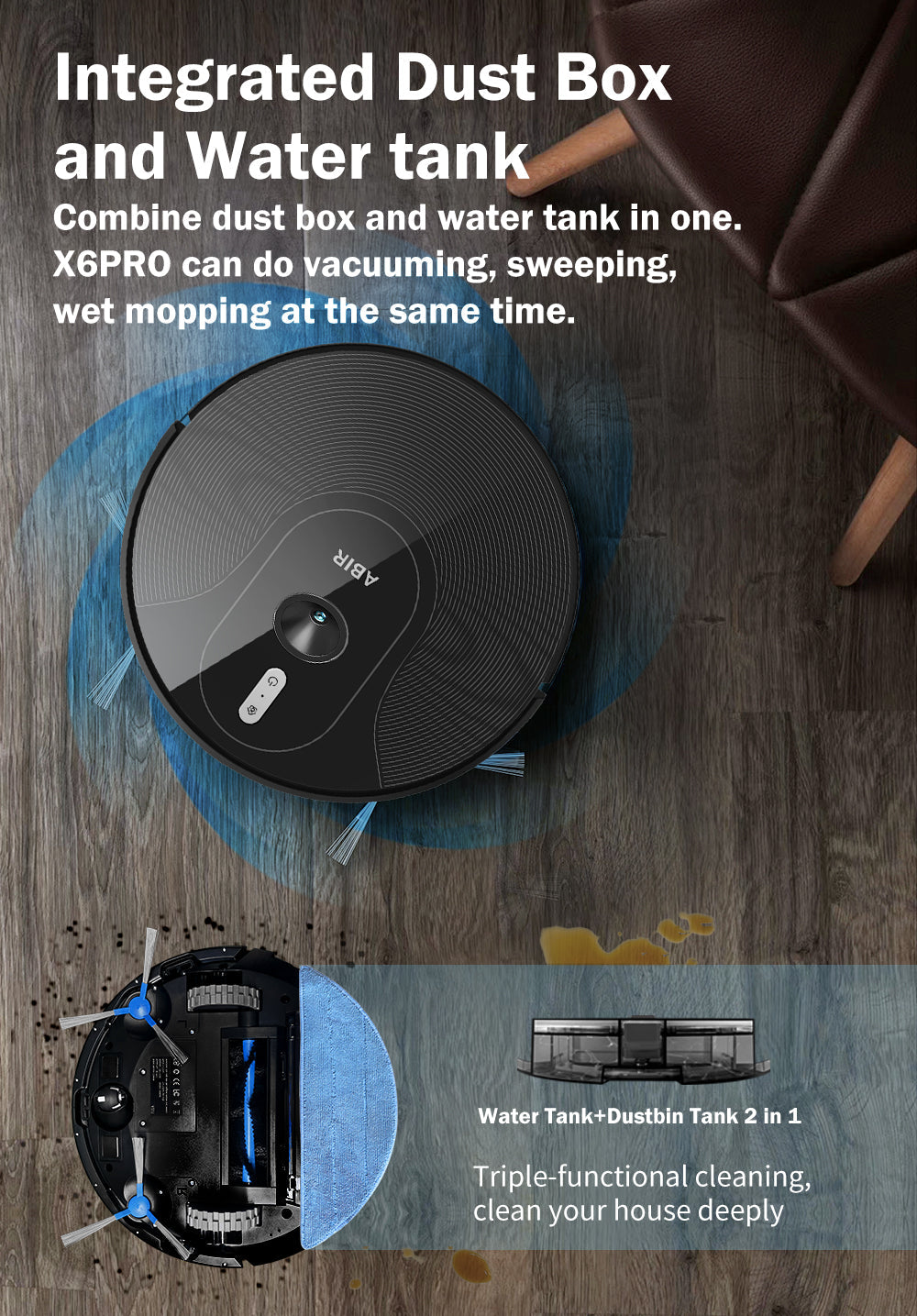 ABIR X6 Robot Vacuum Cleaner Standard and PRO integrated dust box and water tank