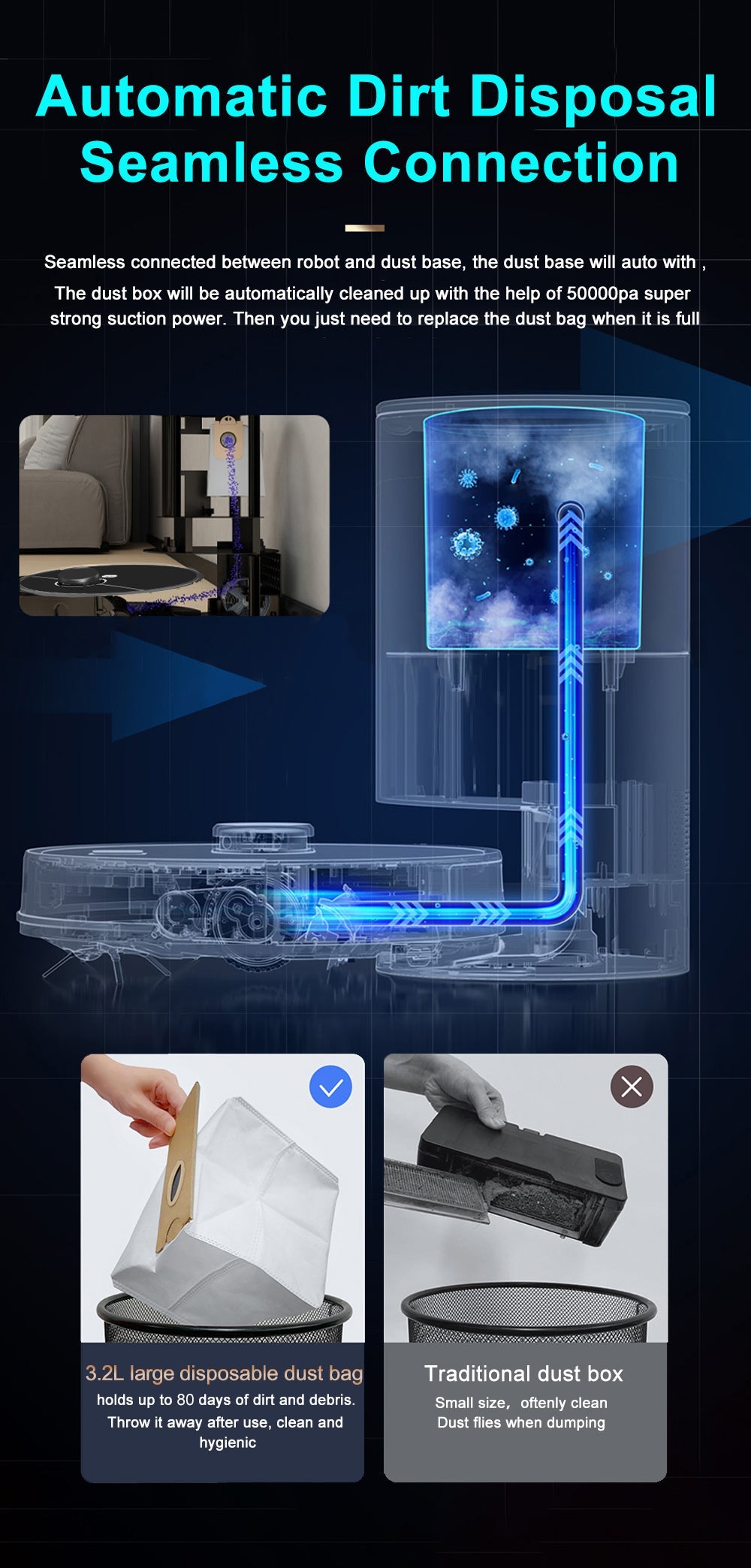 ABIR K30 Robot Vacuum Cleaner Auto Empty UV Clean automatic dirt disposal seamless connection