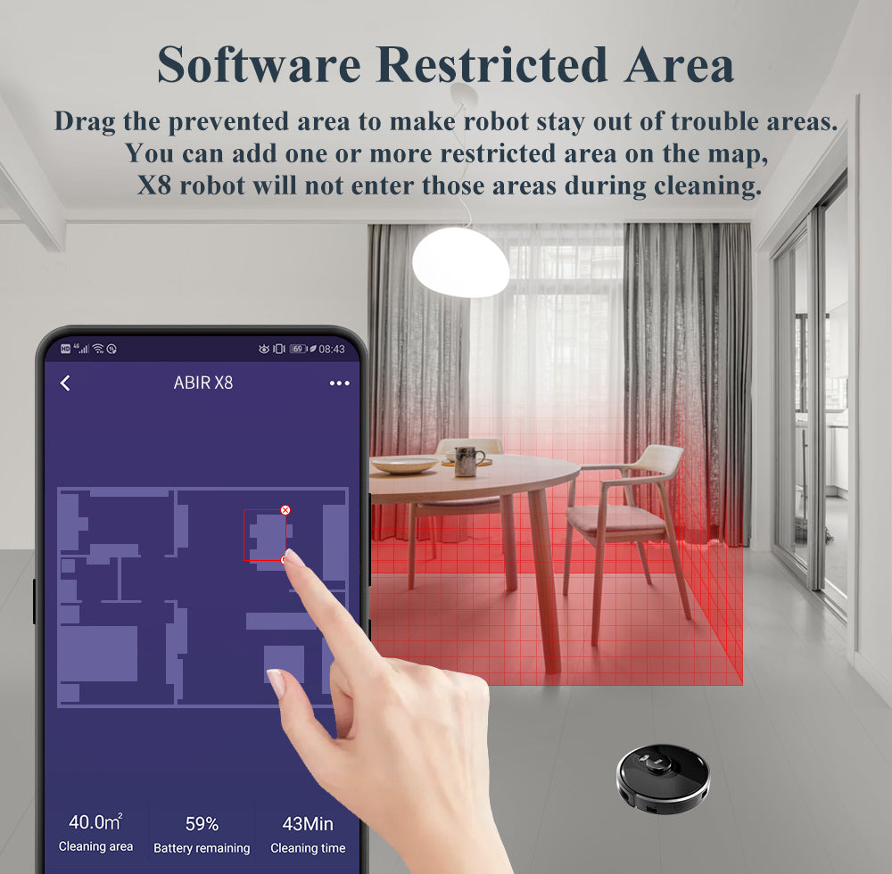 ABIR X8 Robot Vacuum Cleaner Laser Navigation Multi Floor Mapping software restricted area