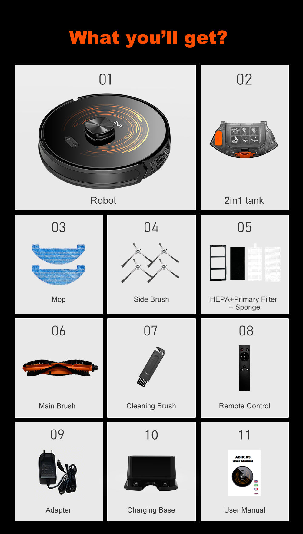 ABIR X9 Robot Vacuum Cleaner Laser Lidar UV Clean what you will get
