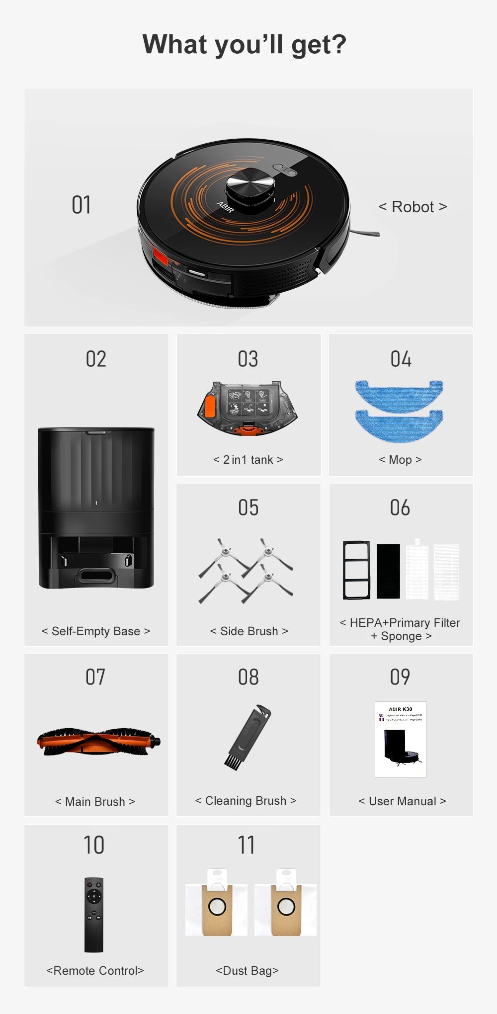 ABIR K30 Robot Vacuum Cleaner Auto Empty UV Clean in the box