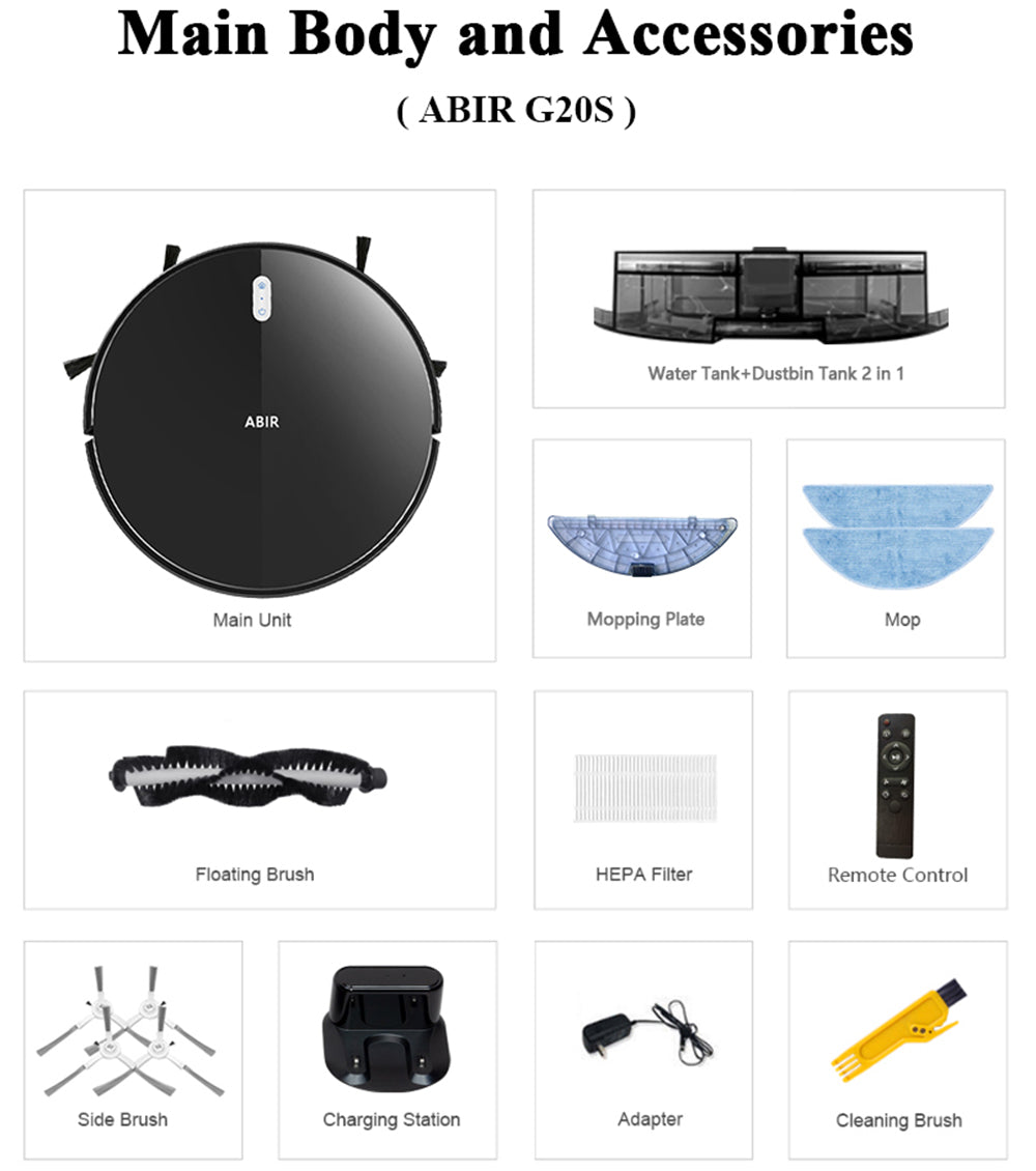 ABIR G20S Robot Vacuum Cleaner Map Memory Wet Mop main body and accessories