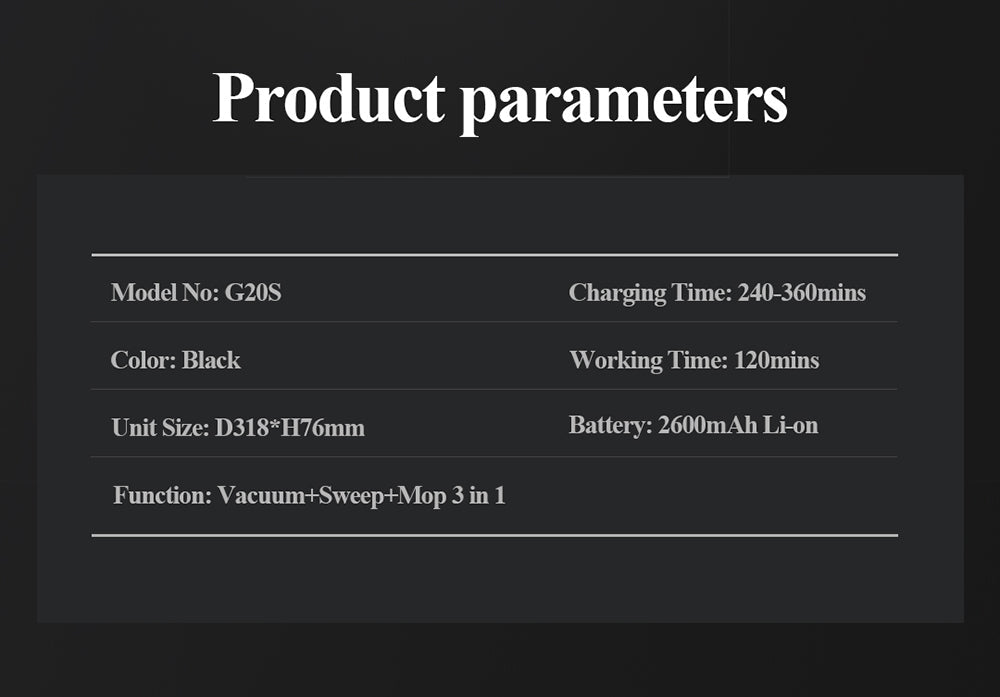 ABIR G20S Robot Vacuum Cleaner Map Memory Wet Mop product parameters
