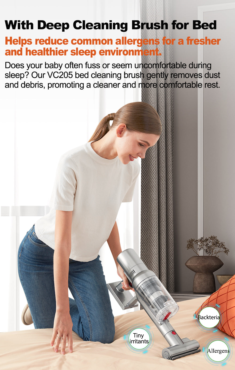 ABIR VC205 Cordless Handheld Vacuum Cleaner 27000Pa Touch Screen with deep cleaning brush for bed