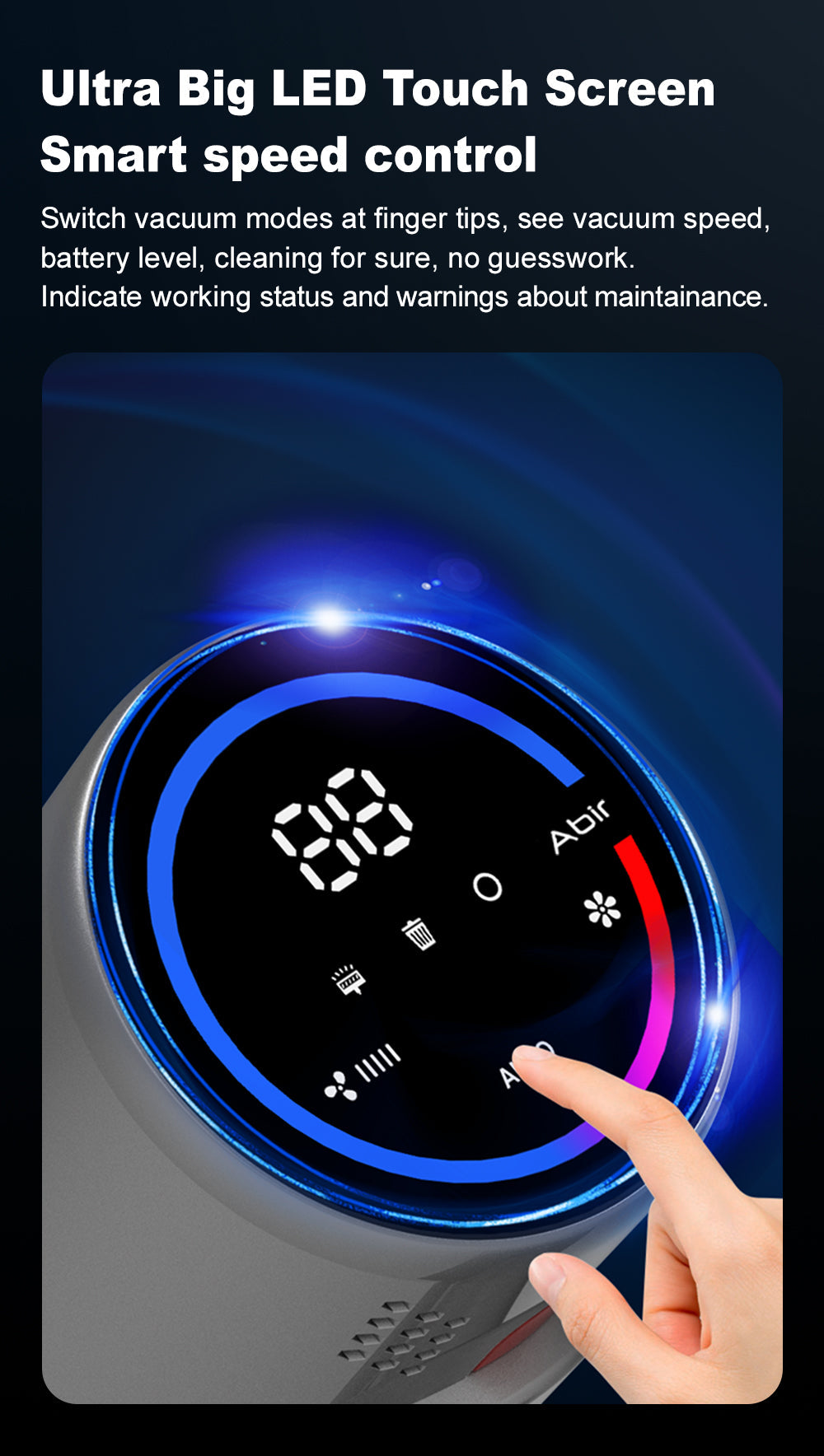 ABIR VC205 Cordless Handheld Vacuum Cleaner 27000Pa Touch Screen smart speed control
