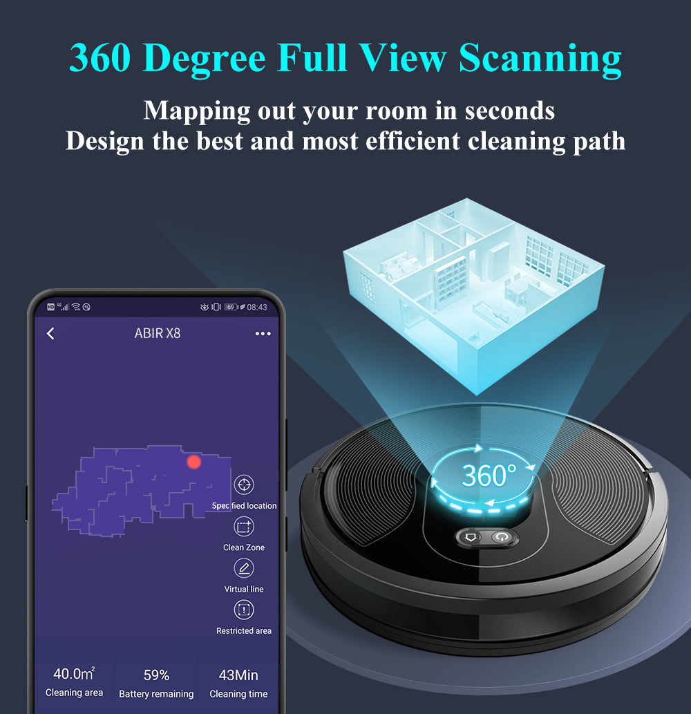 ABIR X8 Robot Vacuum Cleaner Laser Navigation Multi Floor Mapping 360 degree full view scanning