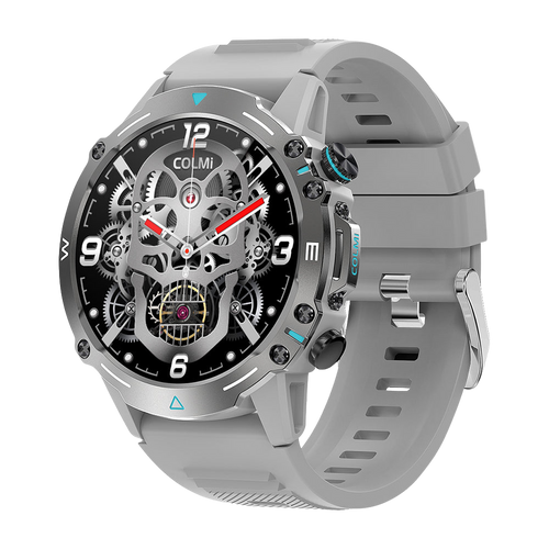 Silver Colmi M42 smartwatch shown from the right side, highlighting slim design, 100+ sports modes, and 10-day battery life.