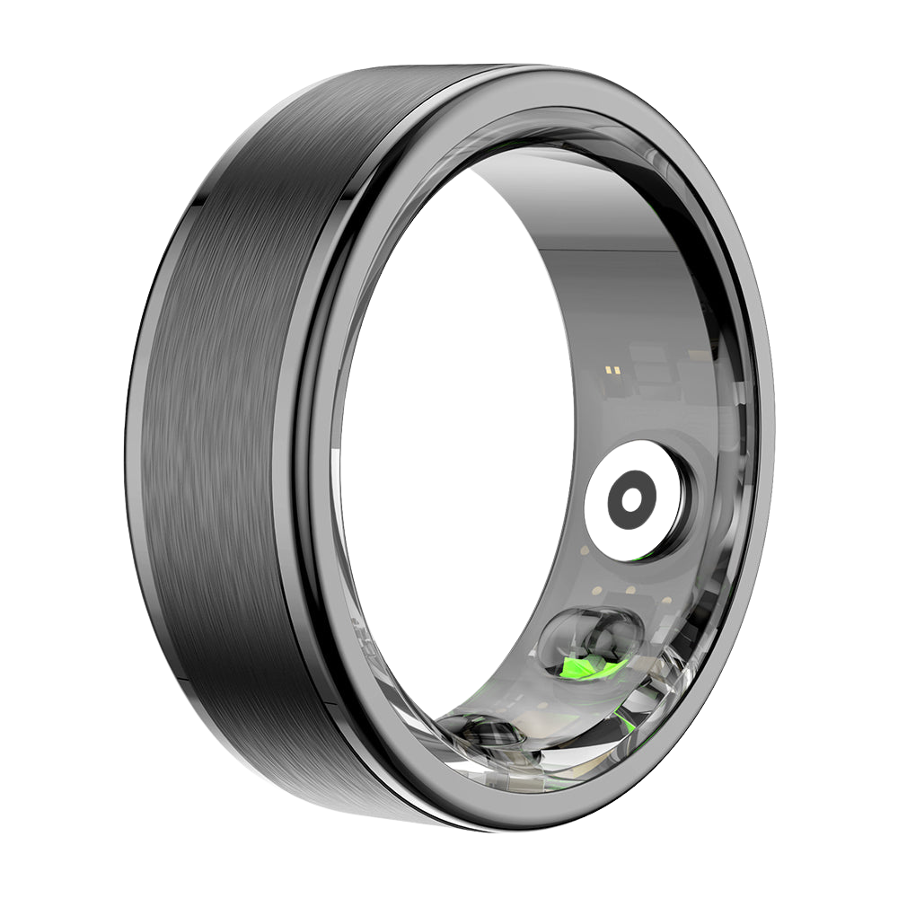 Black Colmi R03 smart ring shown from the right side, featuring heart rate monitoring, blood oxygen tracking, and waterproof design.