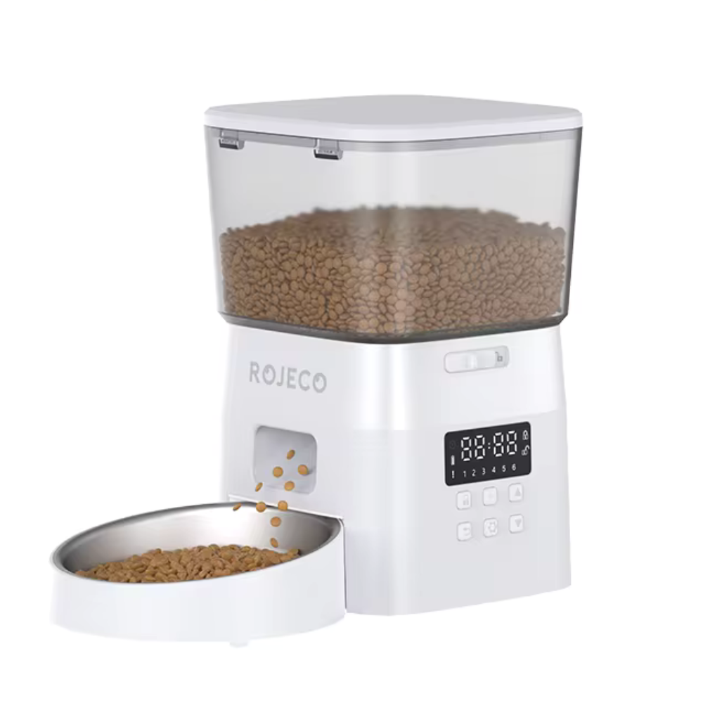 ROJECO 2L button pet feeder — programmable, stainless steel bowl — white.